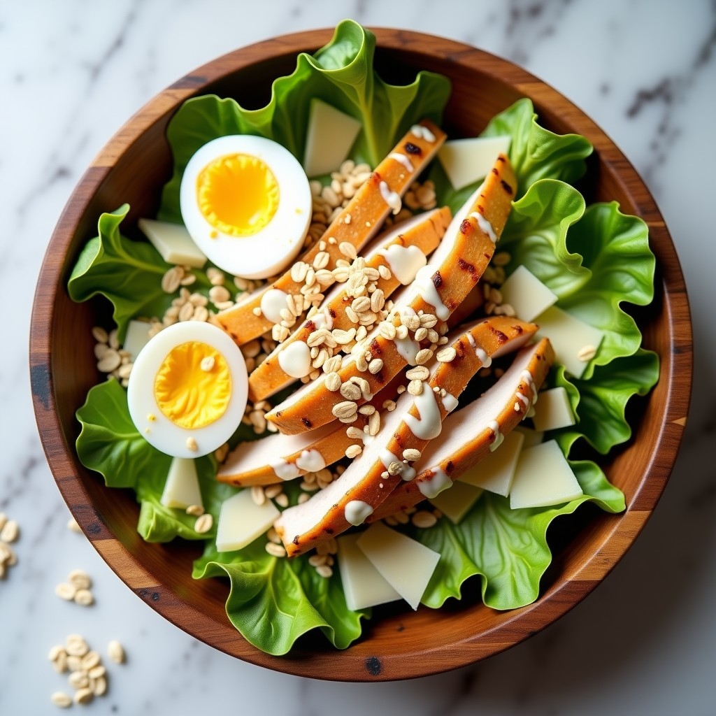 Ensalada César keto en un bol de madera con lechuga romana fresca, pollo a la plancha, avena tostada crujiente, huevo cocido y queso parmesano en escamas, bañada con aderezo cremoso.