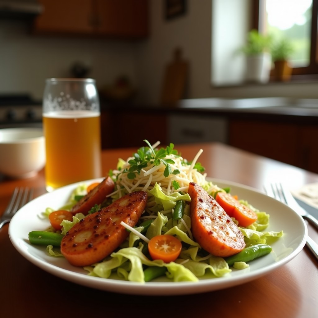 Ensalada César servida en plato blanco con pechuga de pollo ahumada en tiras, croutons dorados, escamas de parmesano y aderezo cremoso, receta en airfryer sin aceite.