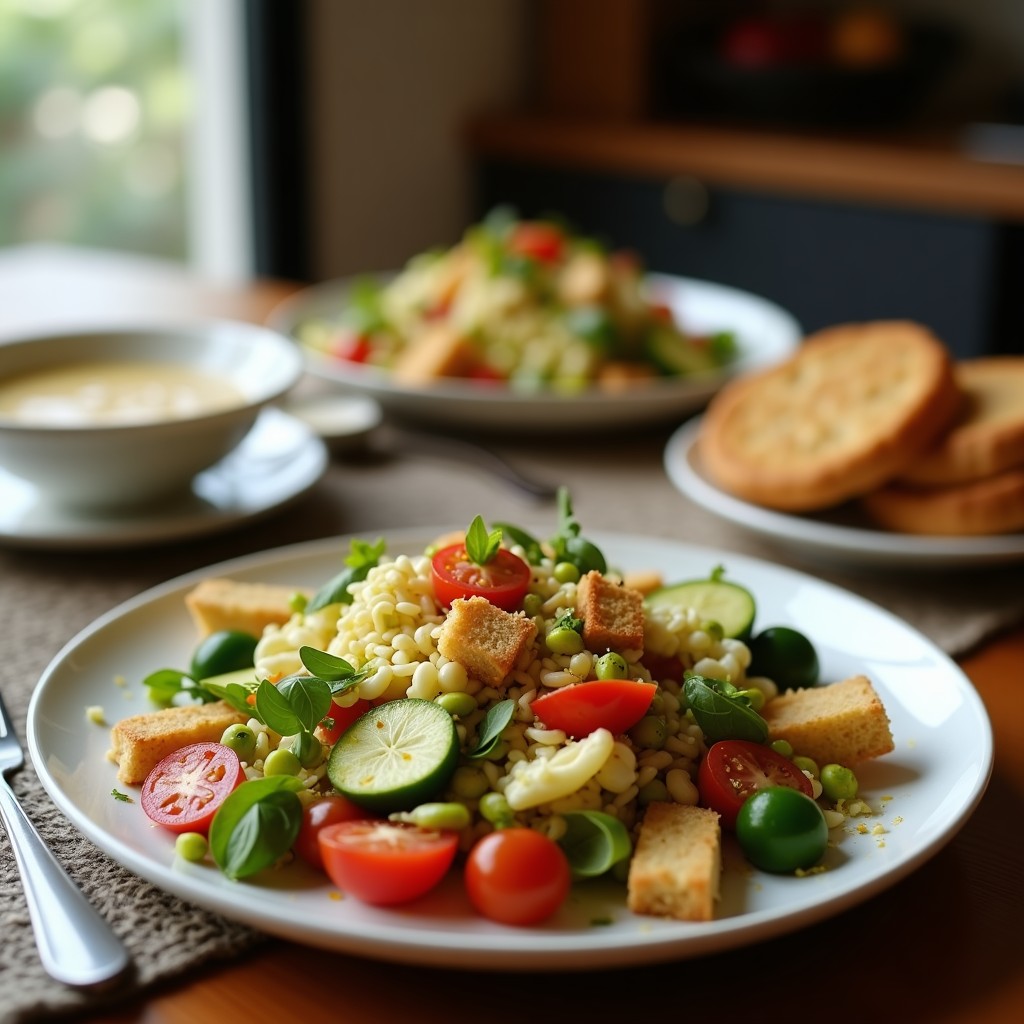 Ensalada César vegana en bol blanco con lechuga romana fresca, croutons dorados, tempeh ahumado en tiras y aderezo cremoso de anacardos espolvoreado con levadura nutricional.