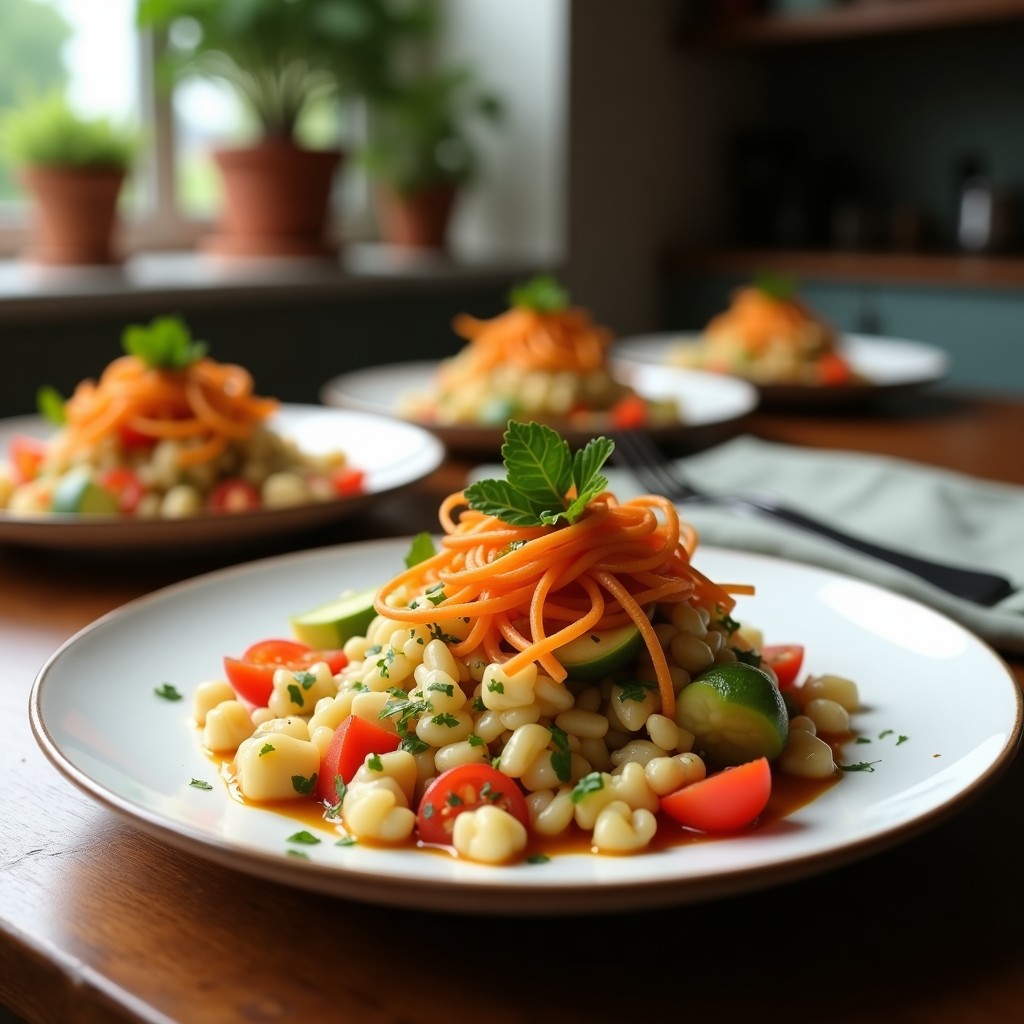 Ensalada César vegana en bol blanco con col rizada masajeada, garbanzos, croutons dorados, almendras fileteadas y aderezo cremoso de tofu y anchoas. Receta rápida y alta en proteína.