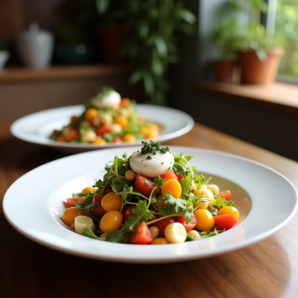 Ensalada César vegana en bol de madera con coliflor asada dorada, croutons crujientes, lechuga romana fresca, hinojo en juliana y aderezo cremoso de anacardos espolvoreado con levadura nutricional y algas nori.