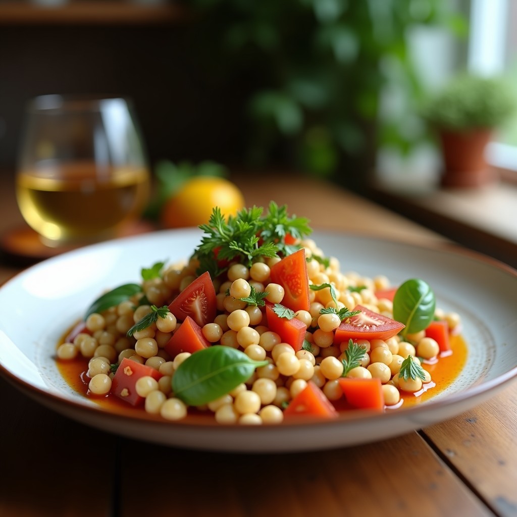 Plato hondo blanco con ensalada César vegana: hojas frescas de lechuga romana, garbanzos dorados y crujientes, croutons de pan integral, alcaparras y aderezo cremoso de anacardos. Decoración con levadura nutricional espolvoreada.