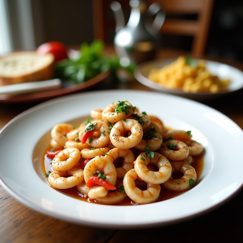 Ensalada fresca de calamares y gambas al zaatar servida en un bol blanco, con tomates cherry, pepino, cebolla morada y hierbas verdes, espolvoreada con especias zaatar.