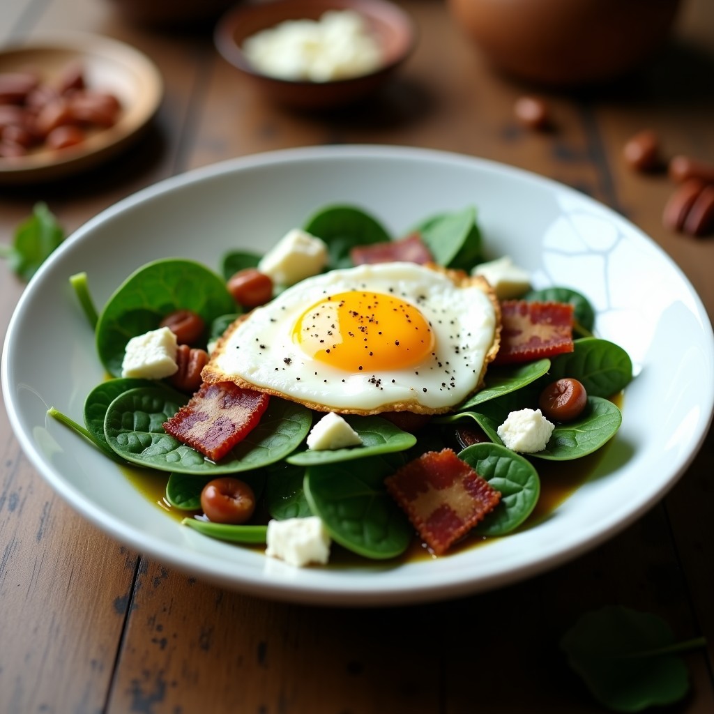 Ensalada Tibia de Espinacas, Bacon y Huevo Poché: Receta Rápida y Alta en Proteína