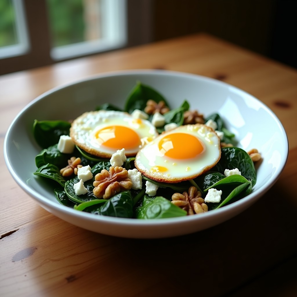 Plato hondo blanco con ensalada caliente de espinacas verdes salteadas, huevos escalfados con yema líquida, nueces troceadas y queso de cabra desmenuzado, bañado con vinagreta dorada.