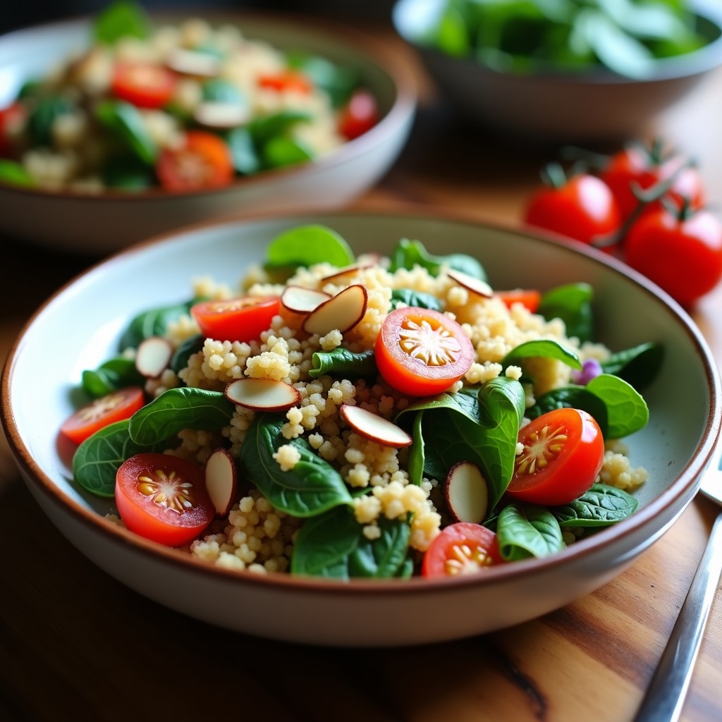 Ensalada caliente de quinoa y espinacas tostadas en airfryer, con cebolla morada, tomates cherry y almendras fileteadas, servida en un bol rústico de barro.