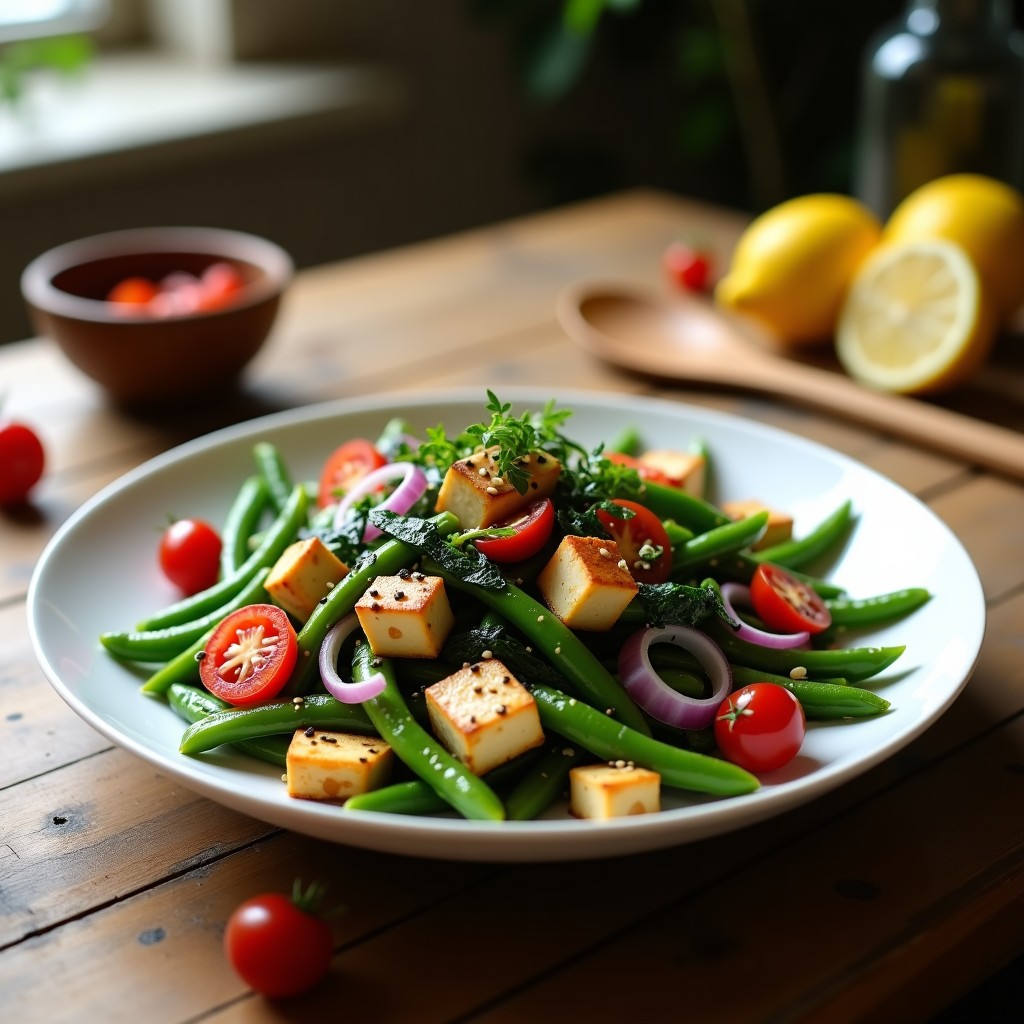 Ensalada colorida en bol blanco con canarios (judías verdes planas), tofu ahumado dorado, algas nori, tomate cherry, pimiento rojo y semillas de sésamo, receta vegana alta en omega-3 y proteína.