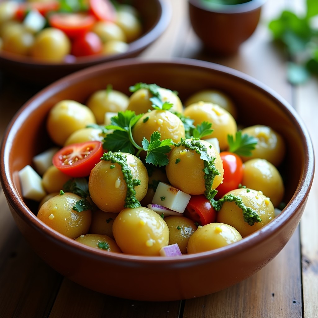Ensalada canaria en bol de barro con papas arrugadas, pimiento verde, cebolla morada, tomate y huevo duro, bañada en mojo verde. Plato tradicional canario.