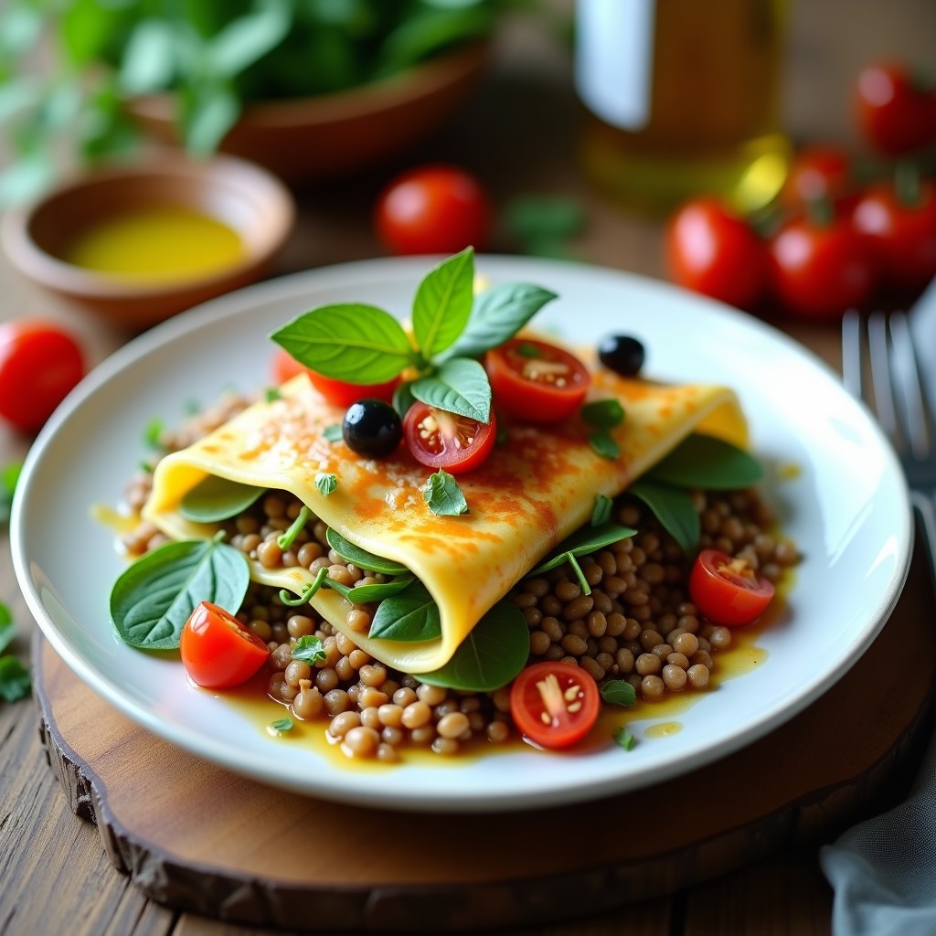 Plato blanco con ensalada de canelones fríos veganos, capas de lasaña, lentejas, tofu ahumado, espinacas y tomates cherry, aliñada con perejil fresco y aceite de oliva.