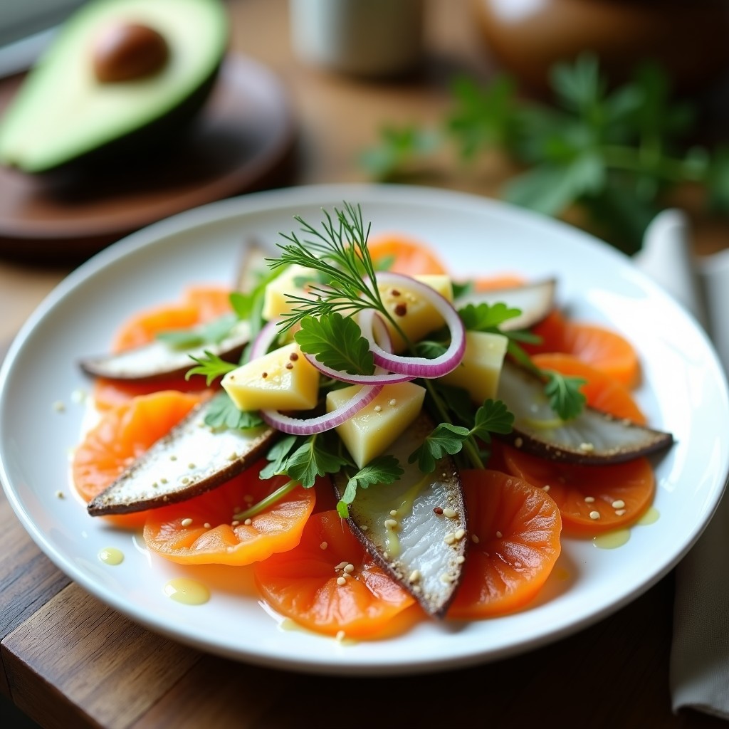 Ensalada nórdica en plato blanco con canés encurtidos en rodajas, trozos de salmón ahumado, aguacate, manzana verde y cebolla morada, decorada con eneldo y semillas de sésamo.