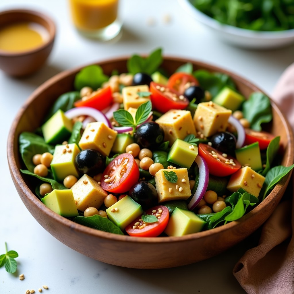 Ensalada canhão vegana en bol de madera con garbanzos, tofu ahumado, aguacate, tomates cherry y semillas de sésamo, acompañada de un aliño dorado.