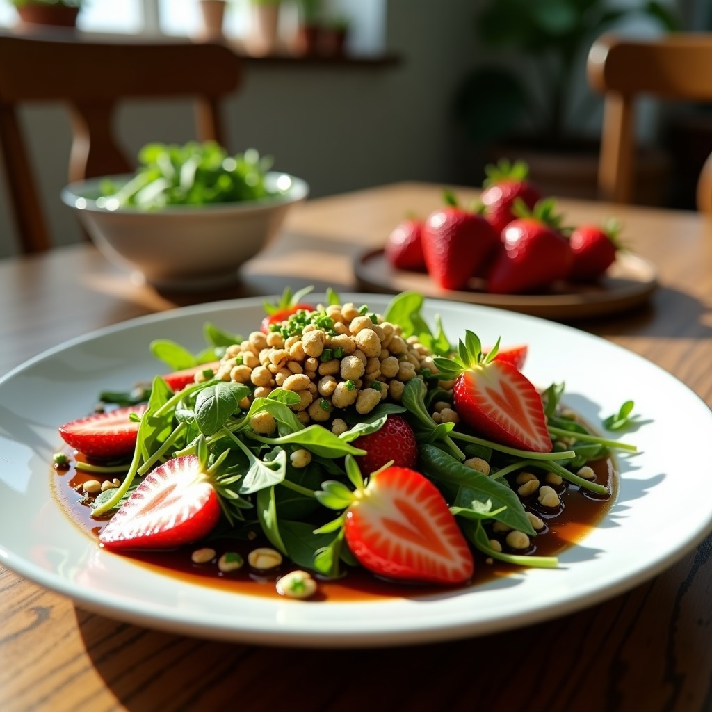 Ensalada fresca de canónigos y láminas de fresas en un plato blanco, bañada con vinagreta brillante de vinagre balsámico y aceite de pistacho, decorada con pistachos tostados picados y cebollino. Plato servido sobre una mesa de madera rústica con luz natural.