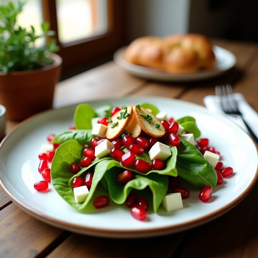 Ensalada fresca de canónigos verdes con granos de granada rojos brillantes, cubos de queso de cabra blanco y almendras tostadas, servida en plato blanco con vinagreta de vinagre de manzana. Receta mediterránea ligera y colorida.