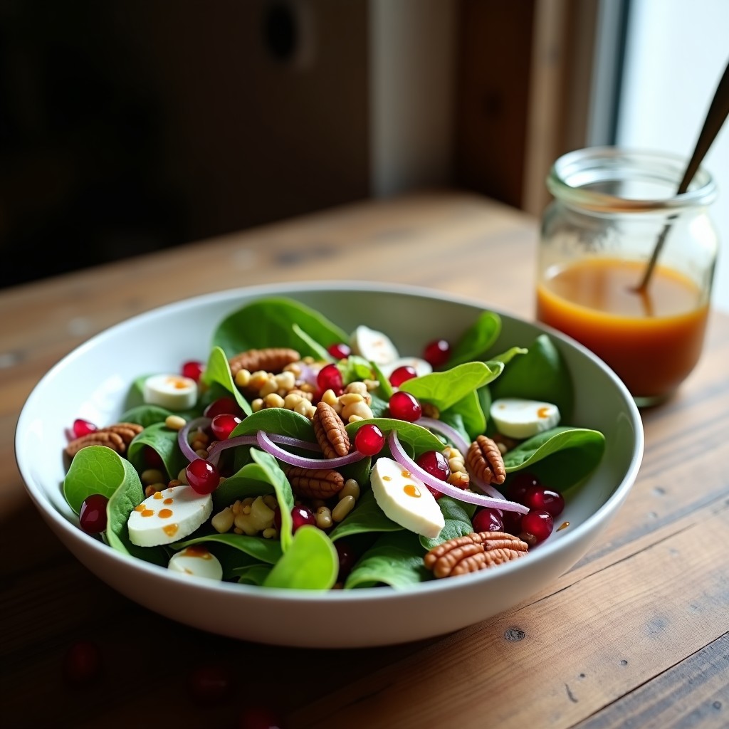 Ensalada fresca de canónigos verdes con granos de granada rojos brillantes, cebolla morada en juliana, queso de cabra desmenuzado y nueces pecanas tostadas, servida en un plato blanco con vinagreta de vinagre balsámico y mostaza de Dijon.