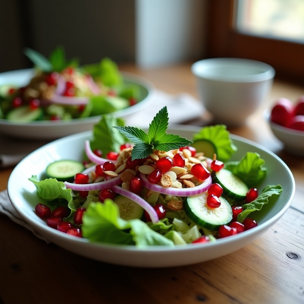 Ensalada griega antiinflamatoria de canónigos frescos con granos de granado brillantes, cebolla morada en juliana, pepino persa en medias lunas y almendras tostadas, servida en un bol blanco con vinagreta de granadina y decorada con hojas de menta.