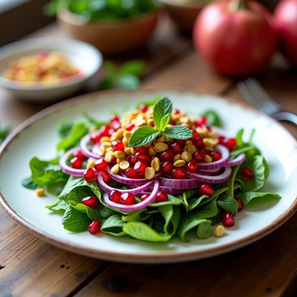 Ensalada árabe crudivegana de canónigos frescos, granos de granado brillantes y cebolla morada en juliana, con pistachos tostados y menta picada. Servida en un plato blanco con vinagreta de granado y comino tostado.