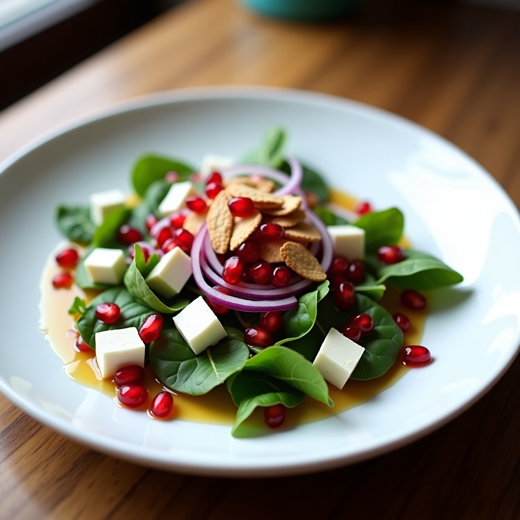 Ensalada portuguesa elegante con canónigos frescos, granos de granada rojos intensos, cebolla morada en juliana, queso de cabra en cubos y almendras tostadas, aliñada con una vinagreta brillante de reducción de Oporto, servida en plato blanco.