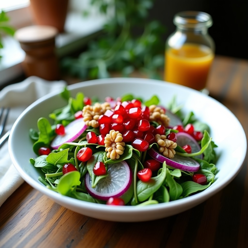 Ensalada persa fresca con canónigos verdes, semillas de granado rojas brillantes, cebolla morada en juliana, nueces tostadas y vinagreta dorada de vinagre de sidra. Plato servido en un bol de cerámica blanca sobre fondo rústico de madera.