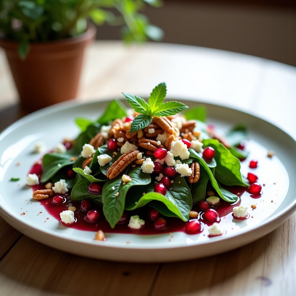 Ensalada fresca de canónigos verdes con granos de granada rojos brillantes, queso feta desmenuzado, nueces de pecán tostadas y vinagreta de vinagre de arándanos, decorada con hojas de menta y pimienta de Alepo sobre un plato blanco rústico con fondo de madera clara.