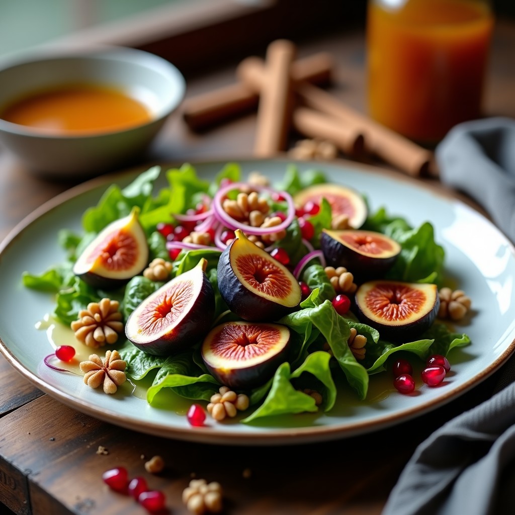 Ensalada vegana de otoño con canónigos frescos, higos asados caramelizados con canela, nueces tostadas, semillas de granada y cebolla morada, aliñada con vinagreta de vinagre de sidra y jengibre. Plato elegante y colorido sobre fondo rústico de madera.