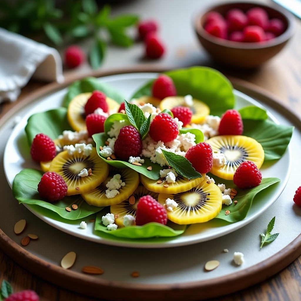 Ensalada vegana de canónigos frescos con rodajas de kiwi verde, trozos de queso de almendras cremoso, frambuesas enteras y almendras fileteadas. Servida en un plato blanco con vinagreta de frambuesa brillante y hojas de menta como decoración.