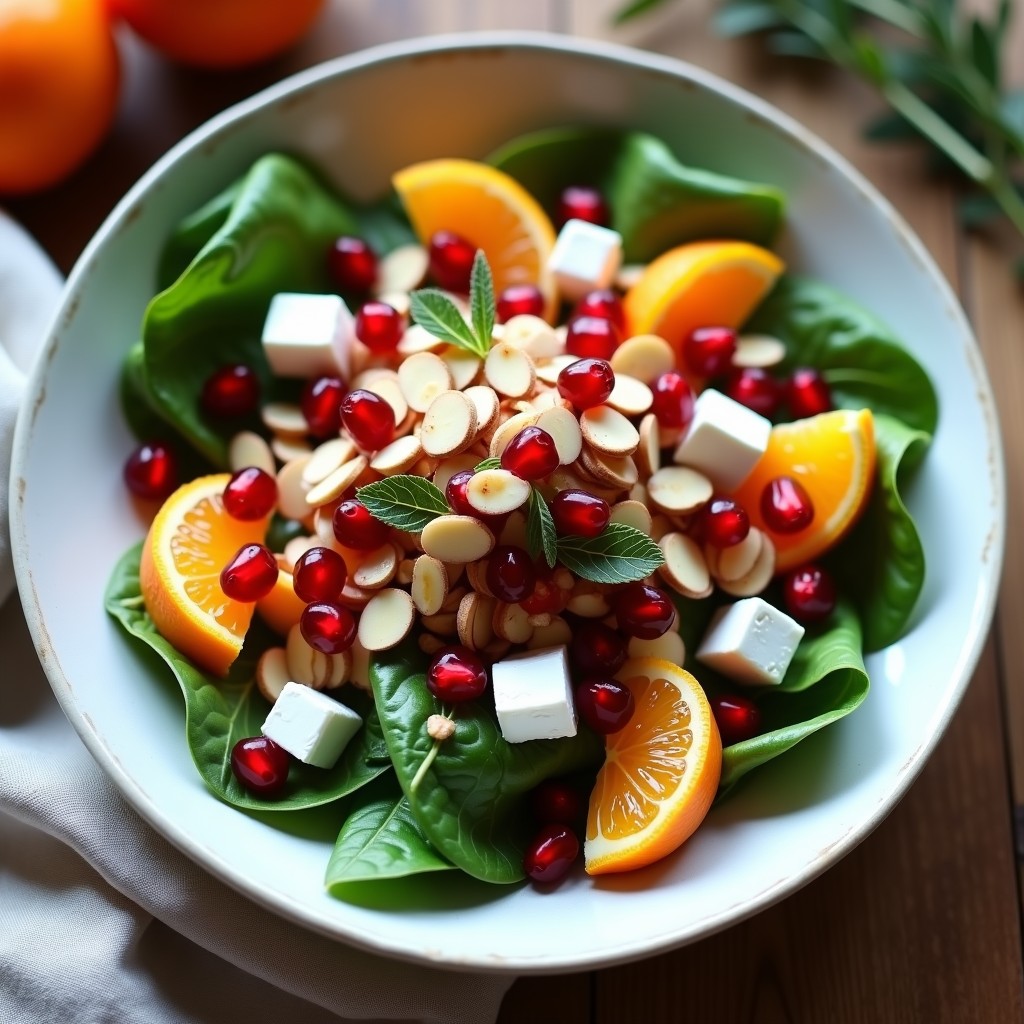 Ensalada de invierno en plato blanco con canónigos frescos, trozos de mandarina jugosa, queso de cabra desmenuzado y semillas de granado brillantes. Vinagreta rosa de granado y nueces tostadas picadas como topping. Decorada con hojas de menta.