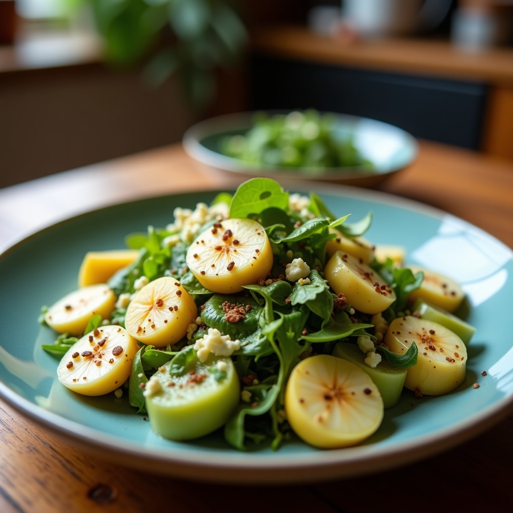 Ensalada fresca de canónigos verdes con láminas de manzana verde Granny Smith, trozos de queso azul vegano cremoso, nueces pecanas tostadas y semillas de calabaza, servida en un plato blanco con vinagreta brillante y cebollino picado por encima. Receta crujiente y vegana.
