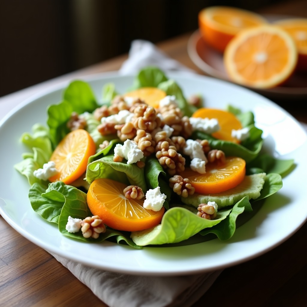 Plato blanco con ensalada de canónigos frescos, rodajas de naranja, queso de cabra desmenuzado y nueces, bañada con vinagreta de miel y vinagre de Módena.