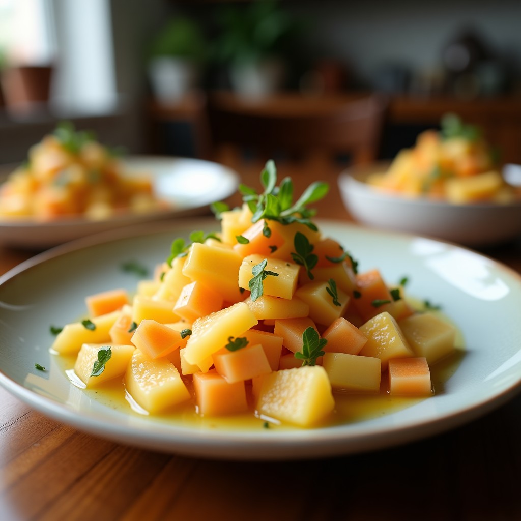 Ensalada fresca de canónigos con rodajas de naranja sanguina, queso de cabra desmenuzado, nueces y vinagreta de miel, servida en un plato blanco sobre fondo rústico de madera.