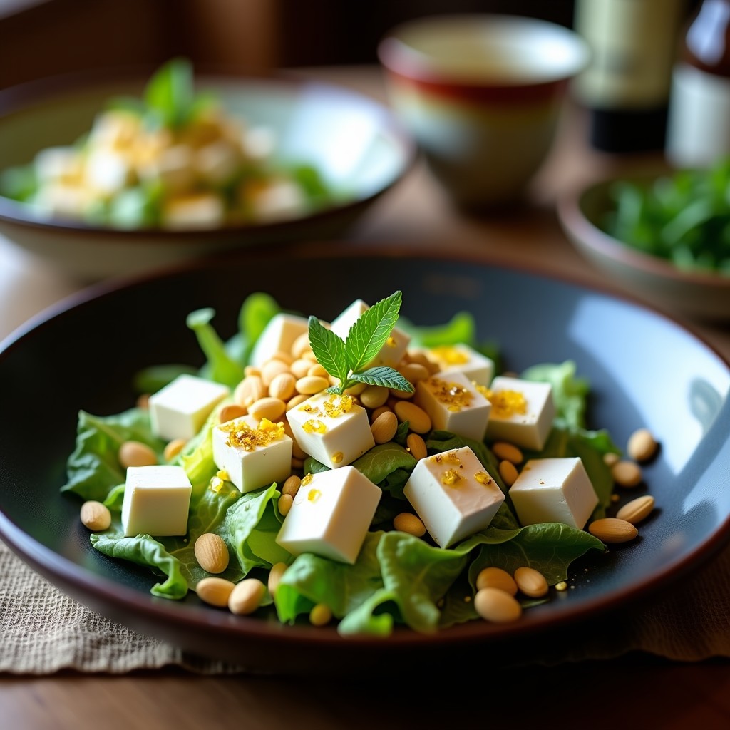 Ensalada gourmet peruana con canónigos frescos, cubos de queso de cabra blanco, semillas de granadilla dorada y almendras tostadas, servida en plato de cerámica oscura con vinagreta brillante y hojas de menta.