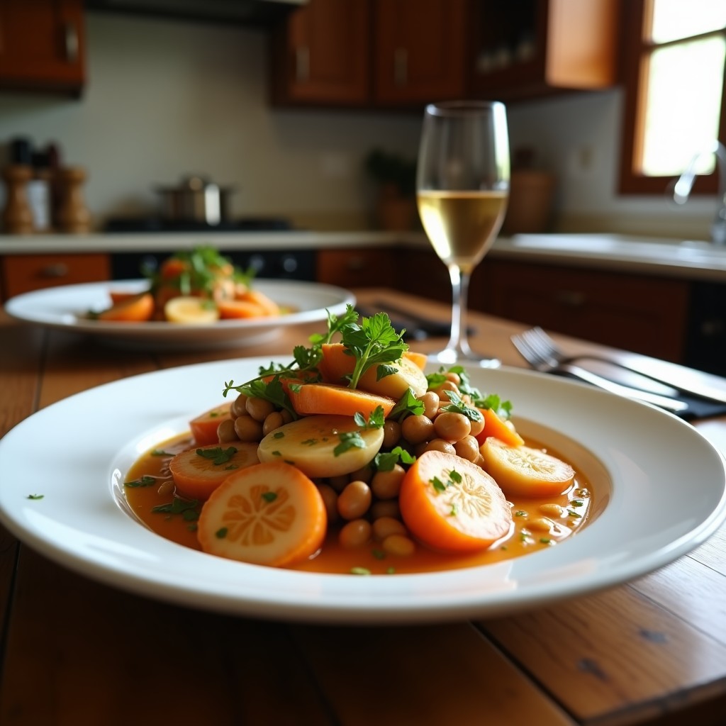 Ensalada fresca de canónigos verdes con dados de manzana Fuji, nueces troceadas y vinagreta dorada de Gran lambda y nuez moscada, servida en bol blanco sobre fondo rústico.