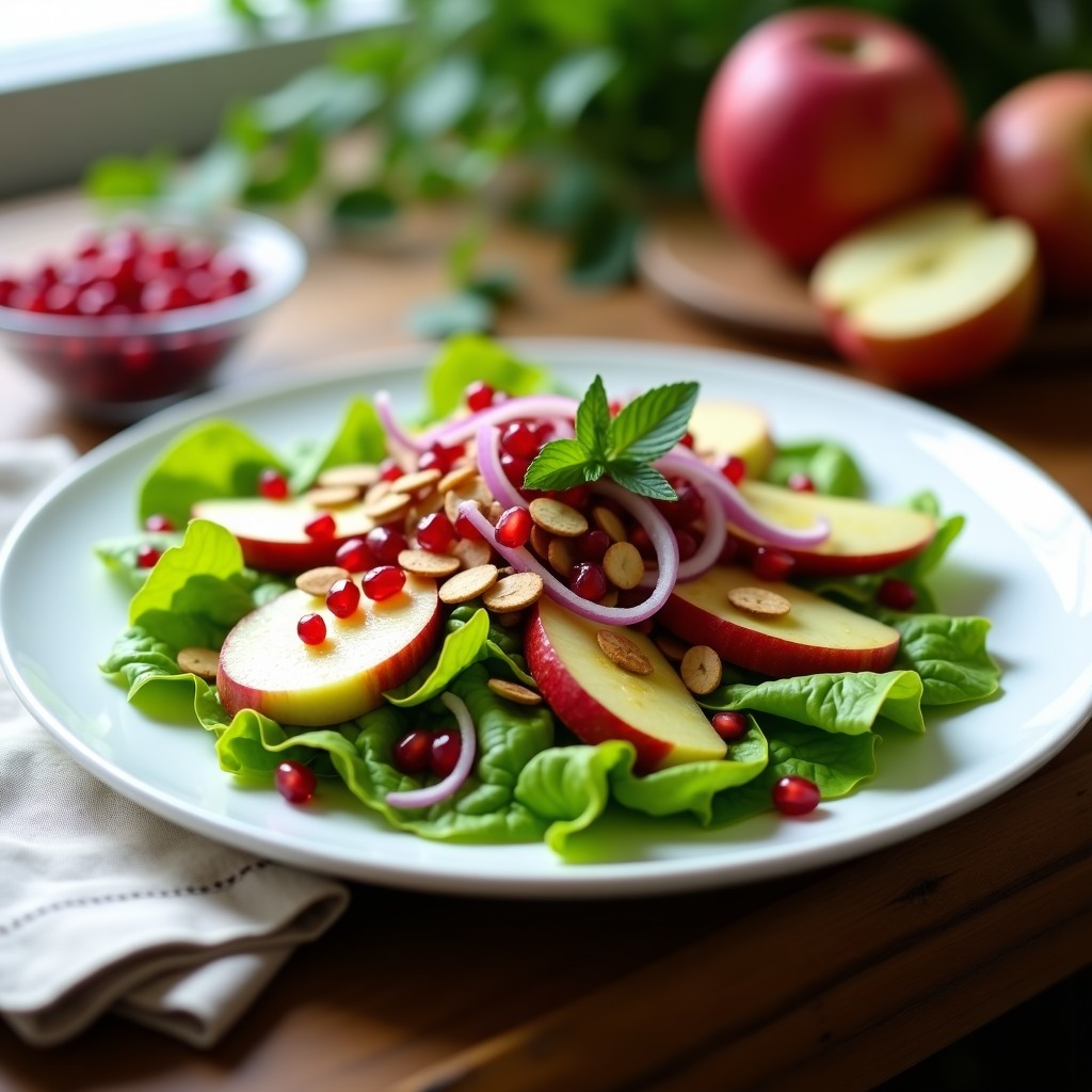 Ensalada fresca de canónigos con semillas de granado rojas brillantes, cebolla morada en juliana, almendras fileteadas doradas y vinagreta espesa. Decorada con hojas de menta sobre un plato blanco rústico, con luz natural que resalta los colores vibrantes.