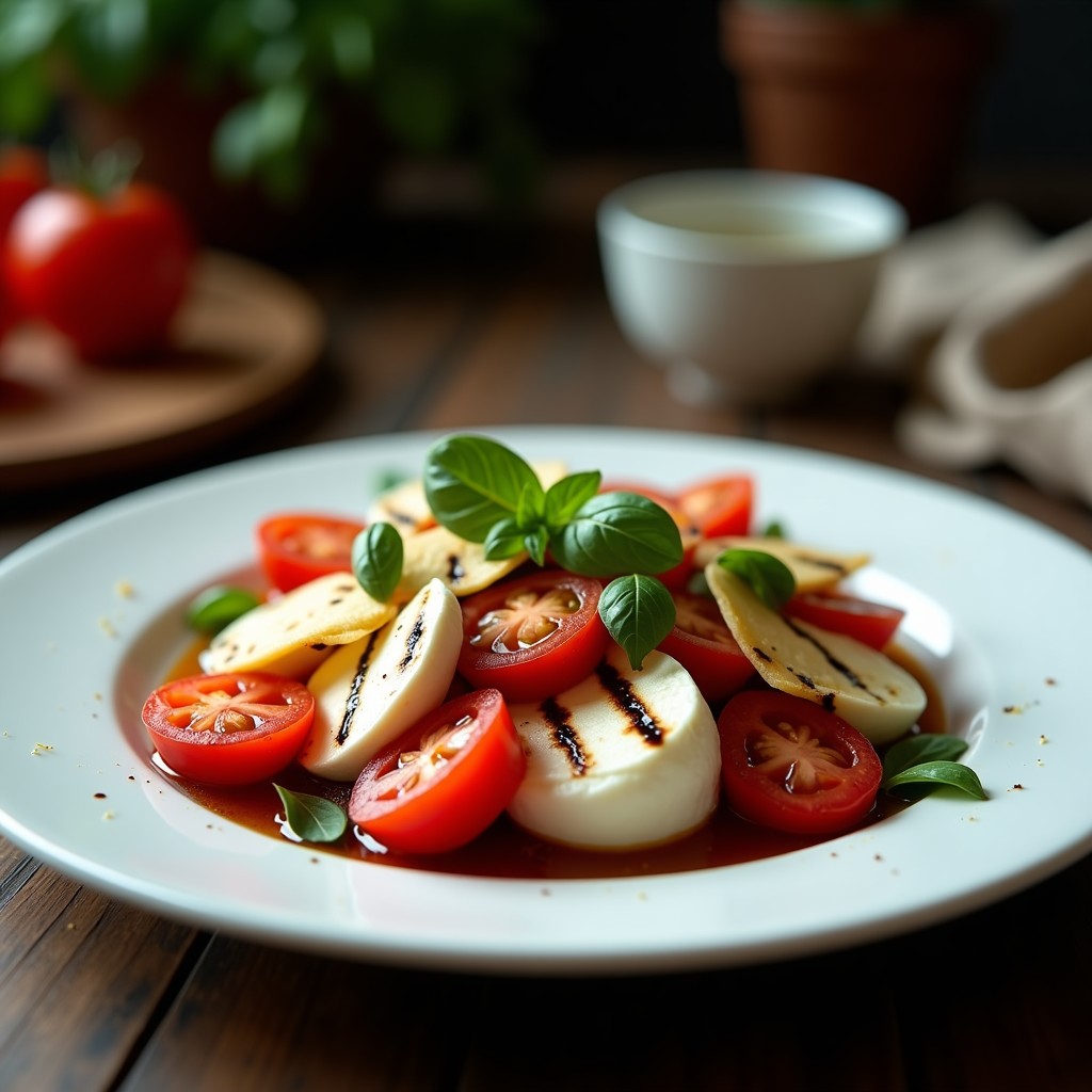 Plato blanco elegante con ensalada caprese ahumada: rodajas de tomate y mozzarella grilladas, láminas de parmesano crujiente, hojas de albahaca fresca y reducción de vinagre balsámico brillante.