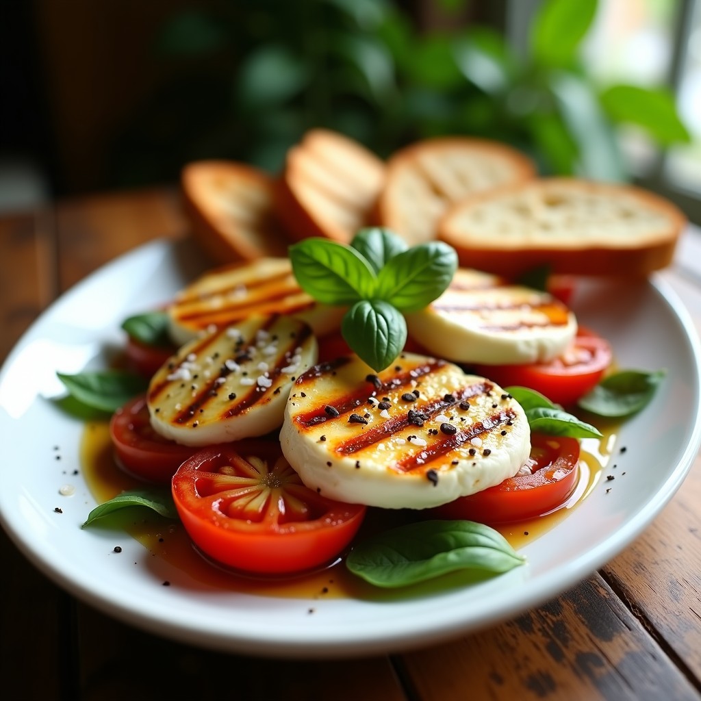 Plato blanco ovalado con ensalada Caprese ahumada: rodajas de mozzarella fresca gratinada, tomates asados, albahaca fresca, miel y vinagre balsámico glaze, acompañada de tostadas de ciabatta doradas en parrilla.
