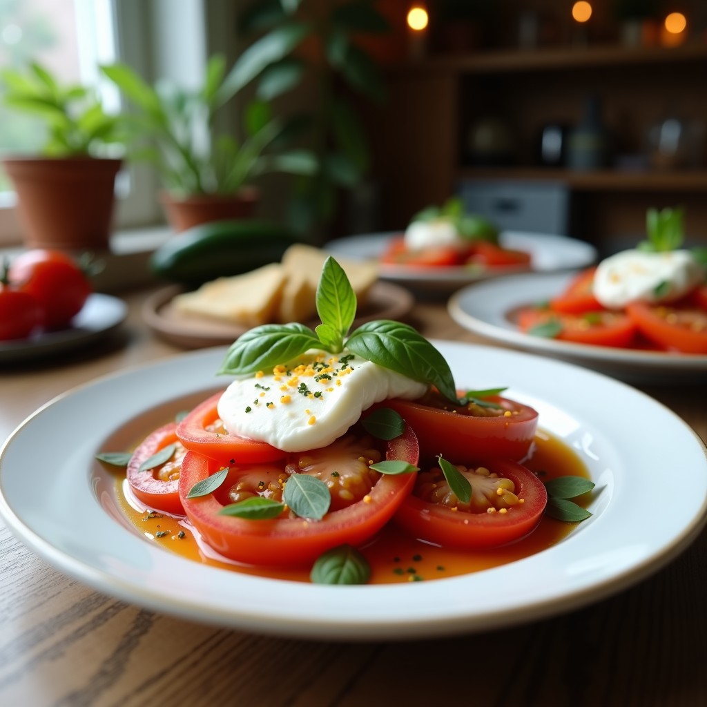 Ensalada Caprese gourmet con rodajas de tomate azul y mozzarella fresca, albahaca verde, piñones tostados y un hilo de miel sobre plato blanco rústico.