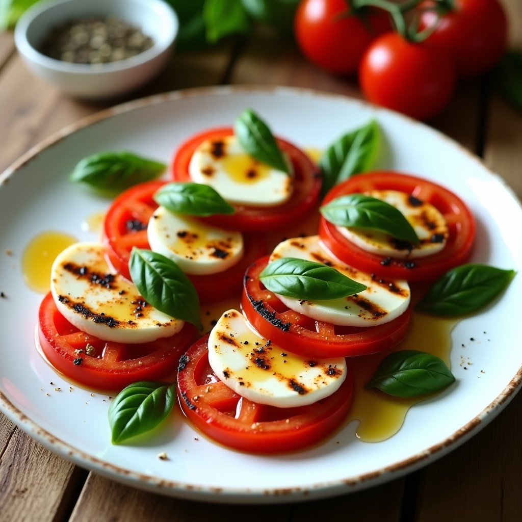 Plato blanco con ensalada caprese grillada en airfryer: rodajas de tomate y mozzarella doradas, albahaca fresca y un hilo de vinagre balsámico y aceite de oliva.