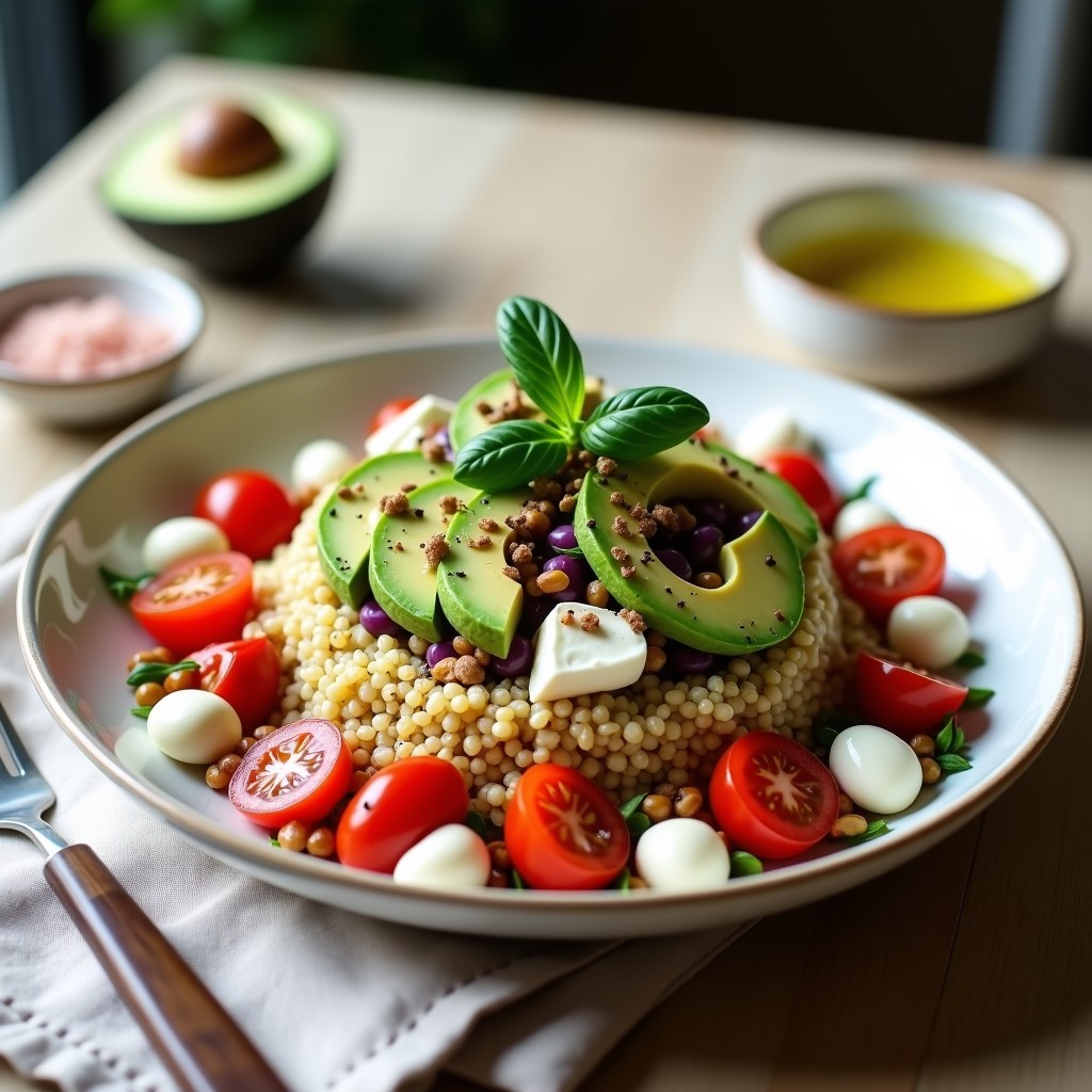 Ensalada caprese con quinoa, tomates cherry, mozzarella fresca y aguacate hass en capas, decorada con albahaca y maíz morado, servida en plato blanco rústico.