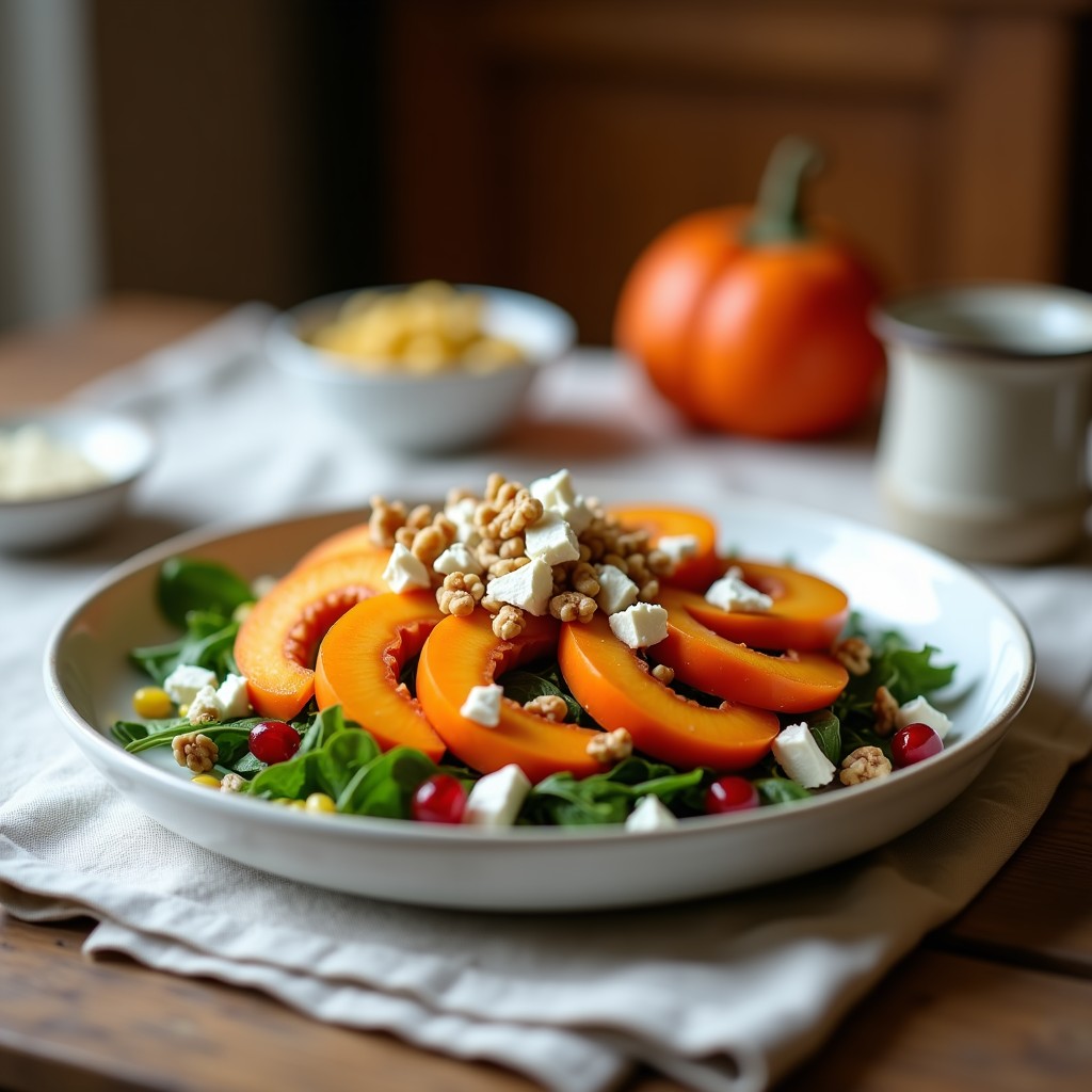 Ensalada otoñal en plato blanco hondo con rodajas de caqui Fuyu naranja brillante, queso de cabra desmenuzado, brotes tiernos, nueces tostadas y semillas de granada rojas. Vinagreta de nuez dorada y crujiente espolvoreada por encima, fondo rústico con mantel de lino.