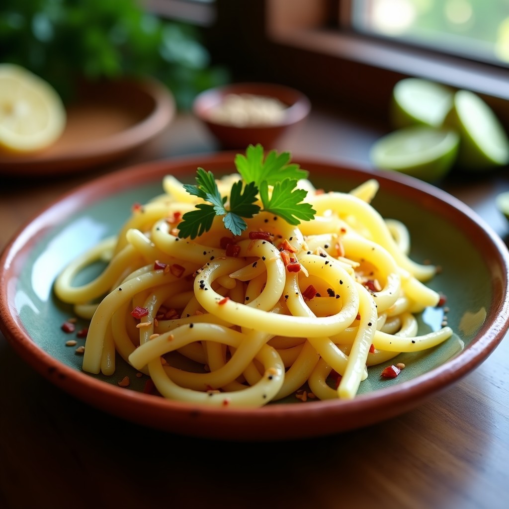 Ensalada colorida en un plato blanco con cáscara de piña fermentada en tiras doradas, jicama en juliana, cilantro fresco y semillas de sésamo tostadas. Receta mexicana probiótica de ensalada de cáscara de piña fermentada con jicama y chile de árbol.