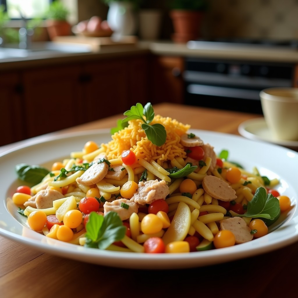 Plato blanco con ensalada César keto: lechuga romana fresca, pechuga de pollo ahumada en tiras, croutons de coliflor dorados y aderezo cremoso sin lactosa.