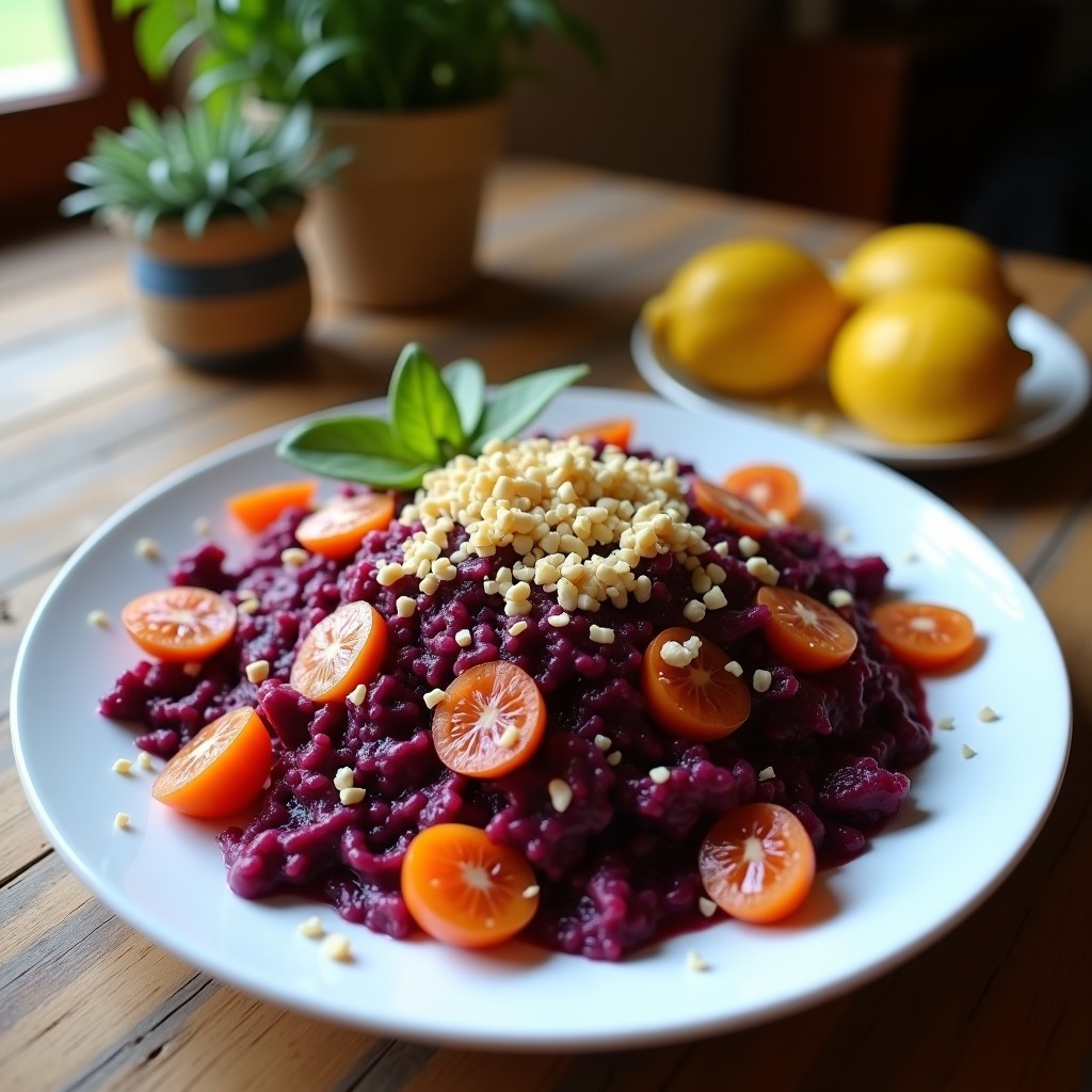 Ensalada César morada en bol de madera con col roriza, pollo en tiras, croutons dorados y aderezo cremoso. Receta rápida y saludable.