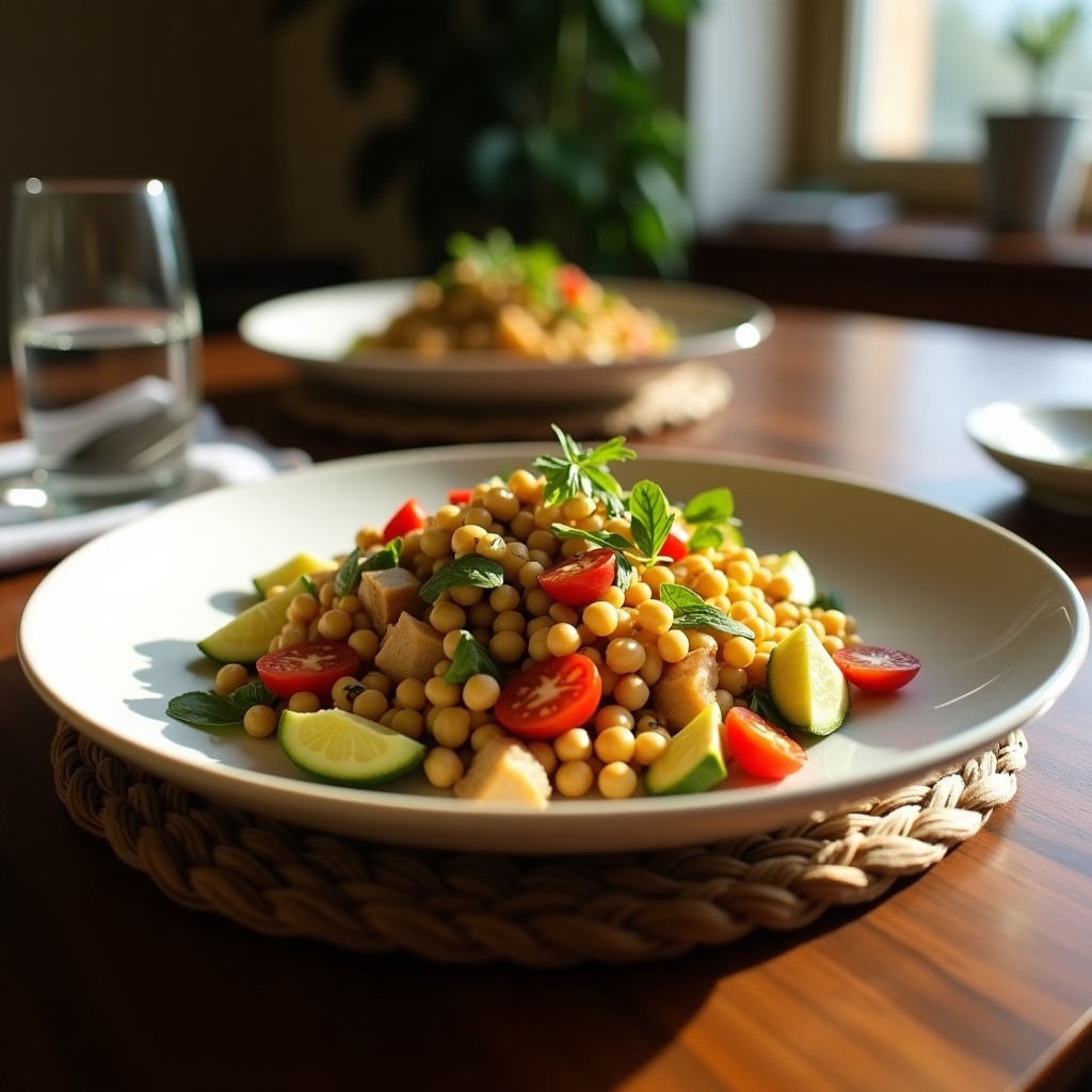 Ensalada César vegana en bol de madera con aderezo cremoso de anacardos, croutons dorados de pan integral, hojas de lechuga romana y kale, decorada con alcaparras y pimienta negra.