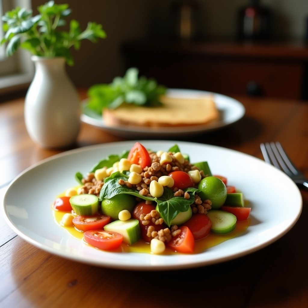 Ensalada César vegana sin lactosa en bol blanco, con hojas de romana frescas, croutons dorados y semillas de sésamo, acompañada de salsa cremosa de anacardos.
