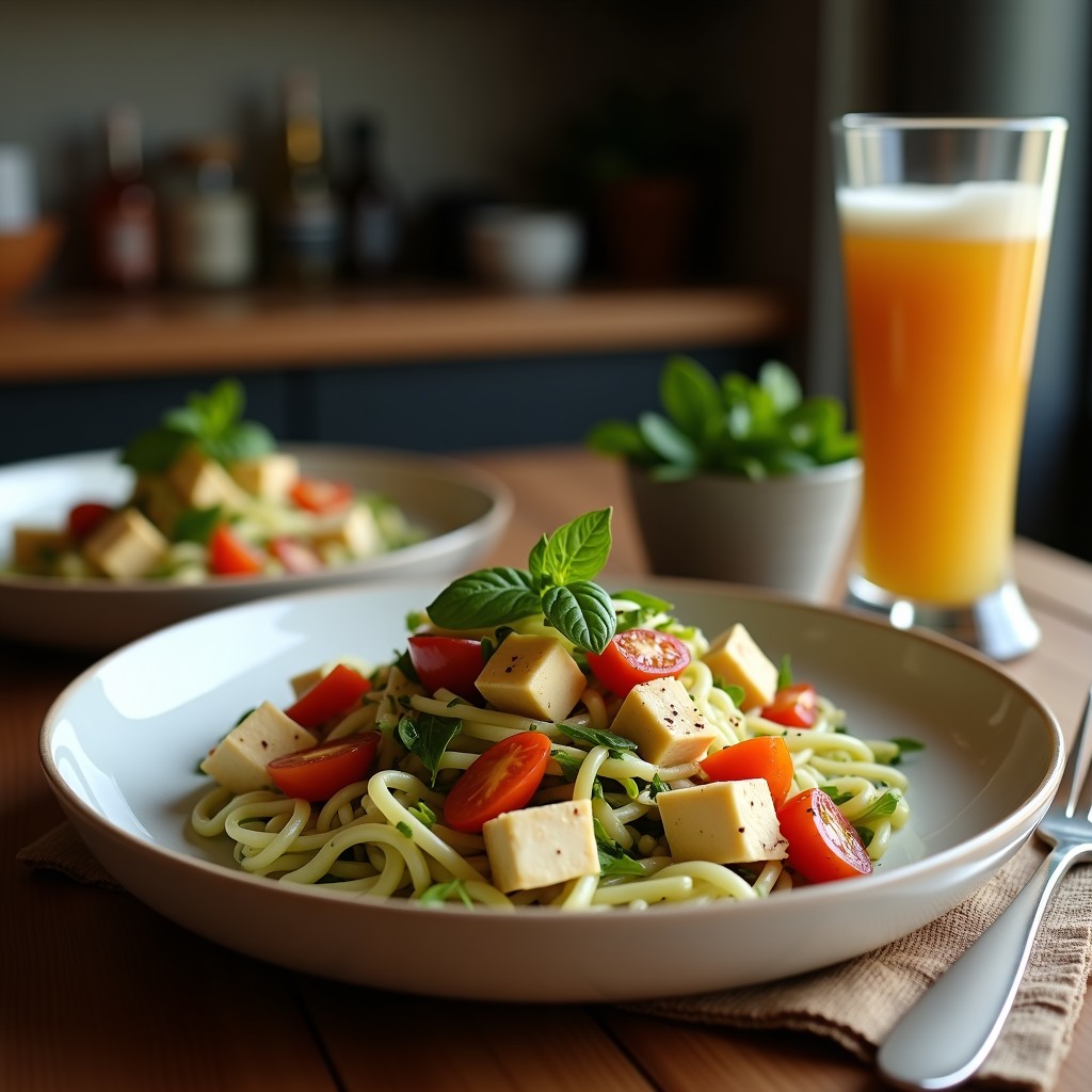Ensalada César vegana con tofu ahumado dorado, croutons crujientes, lechuga romana fresca y aderezo cremoso a base de anacardos, servida en un bol hondo de madera.