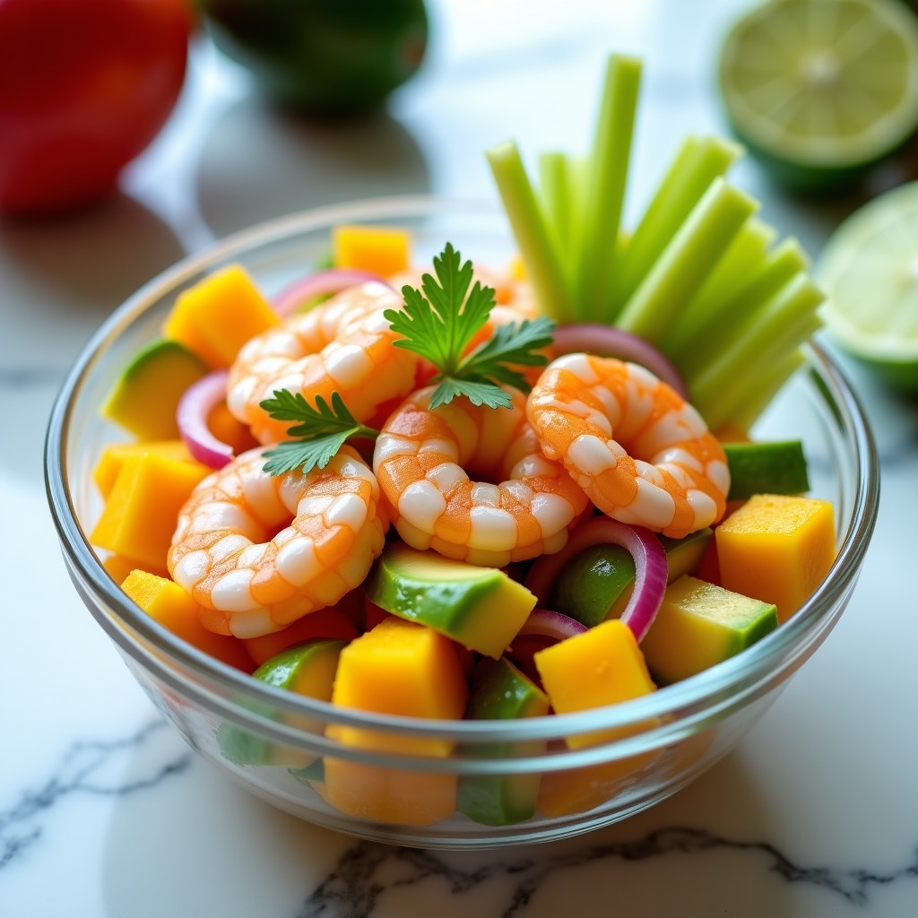 Ensalada ceviche de camarón con mango encurtido servida en copa de cristal sobre fondo blanco, con trozos de aguacate, cilantro fresco y rodajas de lima como decoración.