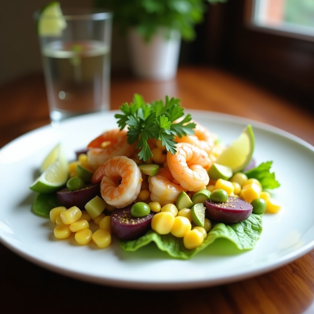 Ensalada de ceviche peruano con camarón limeño servida en plato blanco, con trozos de pescado y camarones marinados en leche de tigre, acompañada de aguacate, maíz, camote morado y hojas de lechuga, decorada con cilantro y rodajas de limón.