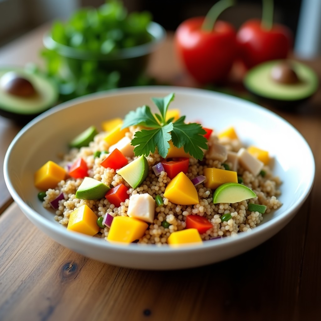 Ensalada ceviche peruana con quinua, trozos de corvina marinado en limón, mango en cubos, aguacate, cebolla roja y cilantro, servida en un plato blanco sobre fondo rústico.