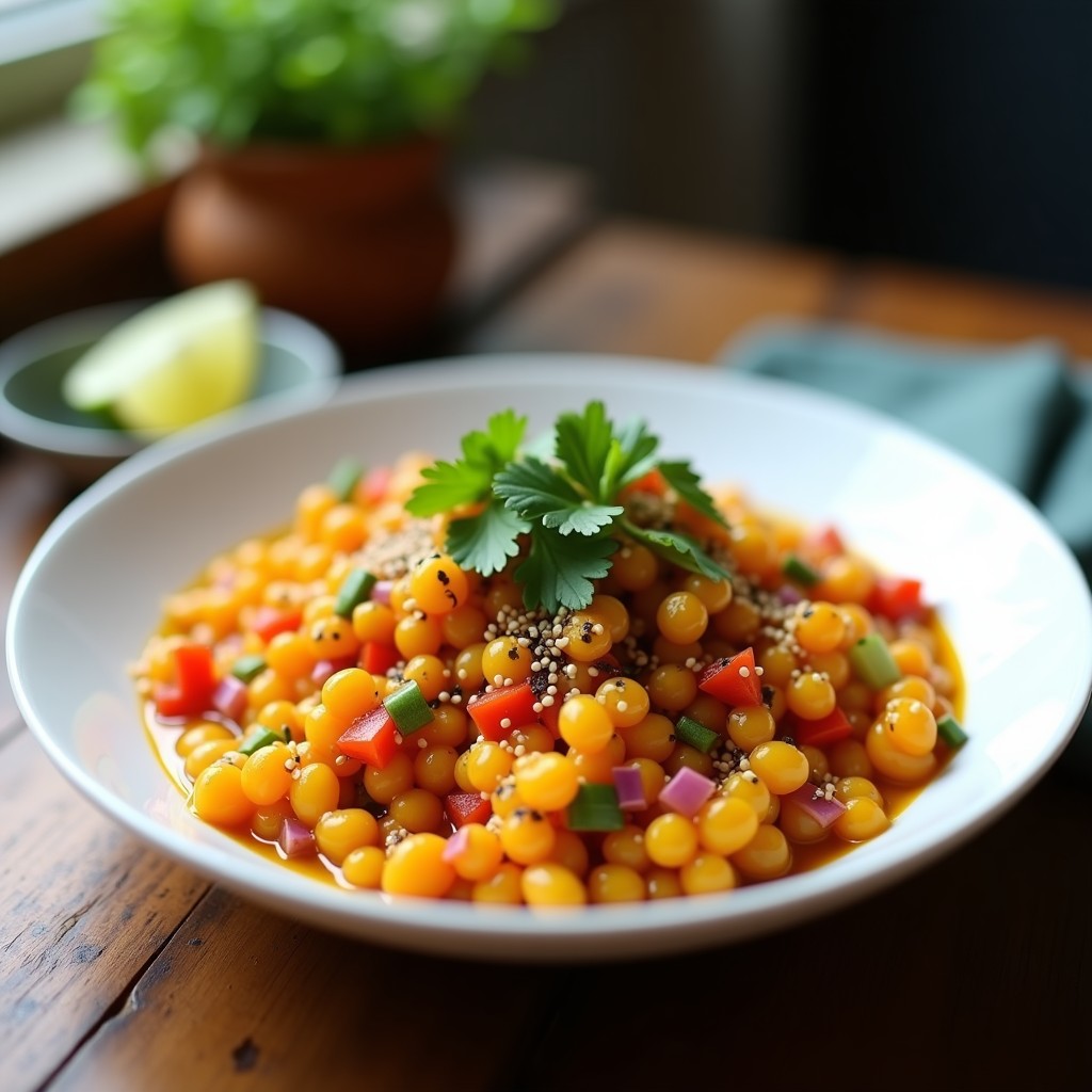 Ensalada ceviche vegana de lentejas rojas en bol de cerámica blanca, con trozos de cebolla morada, pimiento rojo, apio y cilantro, bañada en leche de tigre amarilla. Decorada con semillas de sésamo y algas nori.