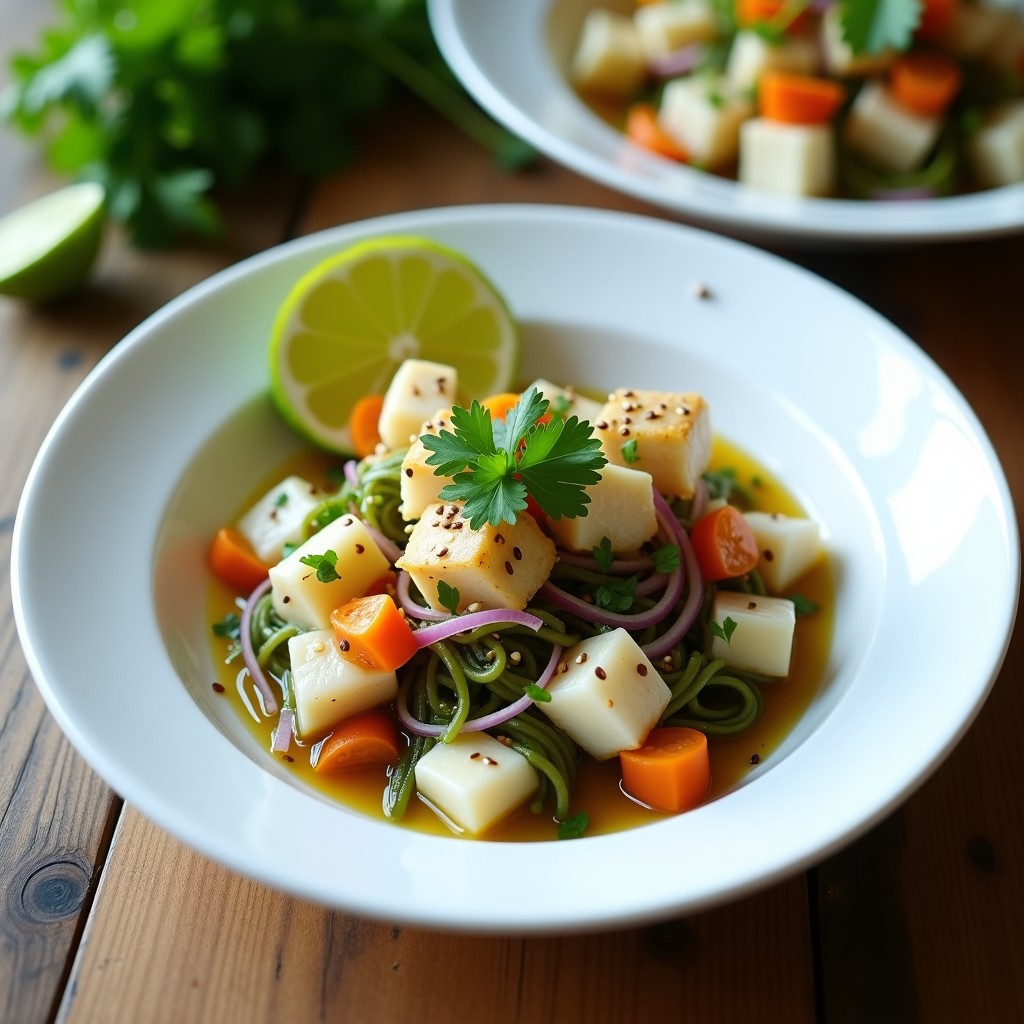 Plato blanco con ensalada ceviche peruano de corvina, algas wakame, cebolla morada y cilantro, decorado con semillas de sésamo y rodaja de limón verde.