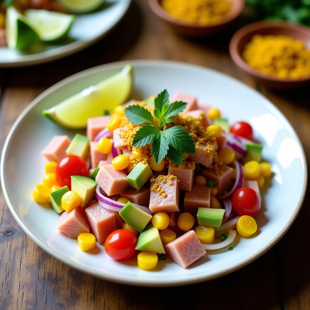 Ensalada ceviche peruano de atún fresco servida en plato blanco, con trozos de atún marinado en limón, aguacate, maíz, cebolla morada y cilantro, decorada con rodajas de limón verde.